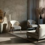 Moody Japandi style living room with pampas grass, textured walls, cozy seating, and soft lighting.